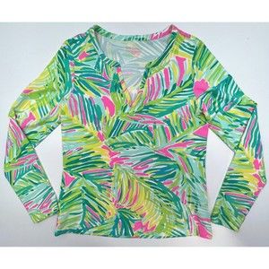 Lilly Pulitzer Women Green Printed Multicolor Pullover V Neck Long Sleeves Sz S